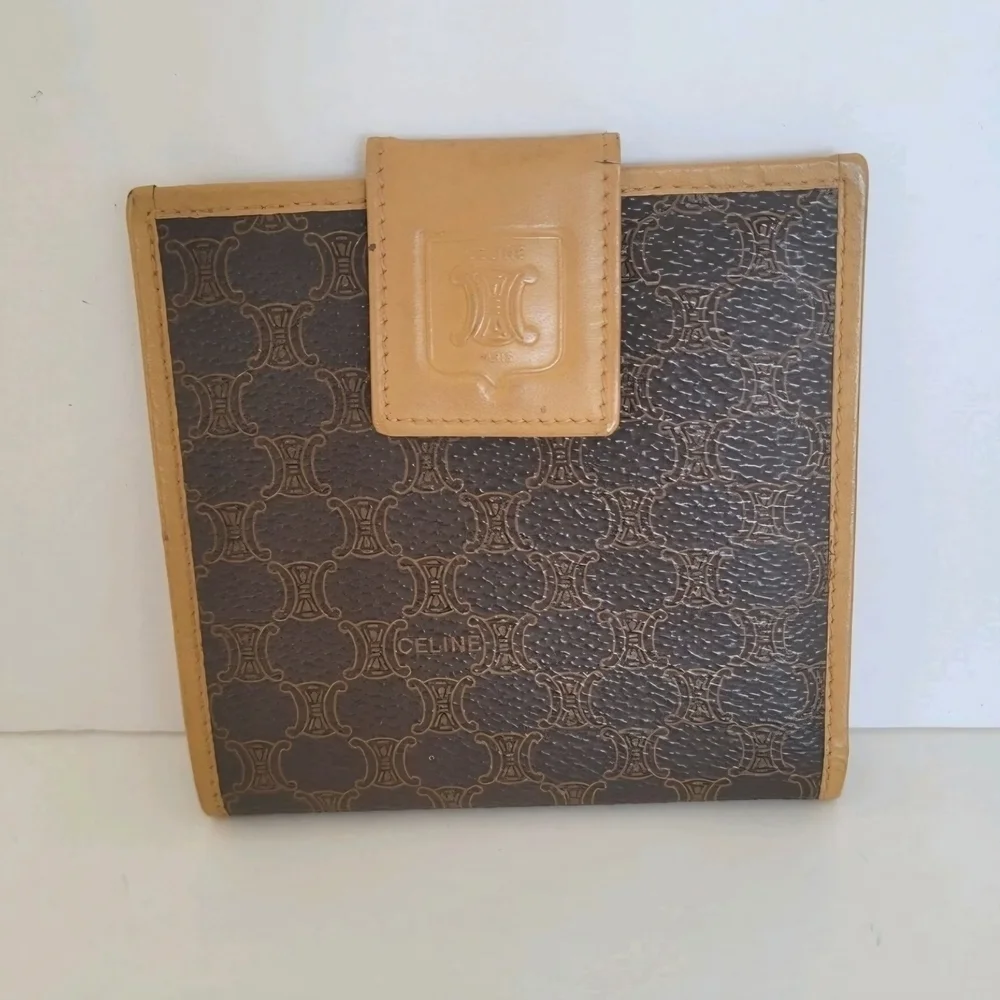 Celine Triomphe Macadam Vintage Canvas Leather Wallet Bifold Compact w COA